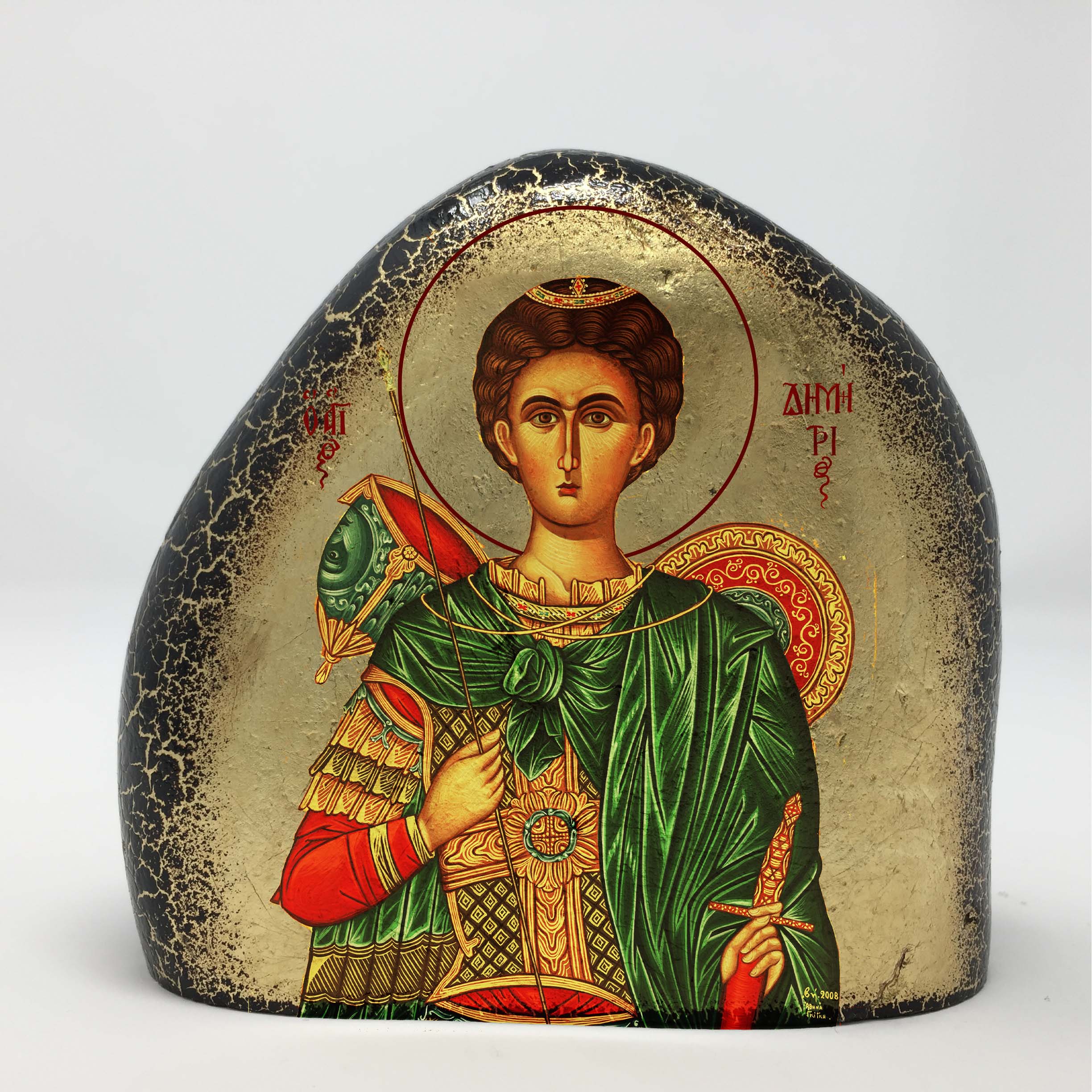 Saint Demetrios on a gold gilded stone handmade by the Greek Orthodox sisters of the Monastery Virgin Mary the Consolatory. monasterevmc.org