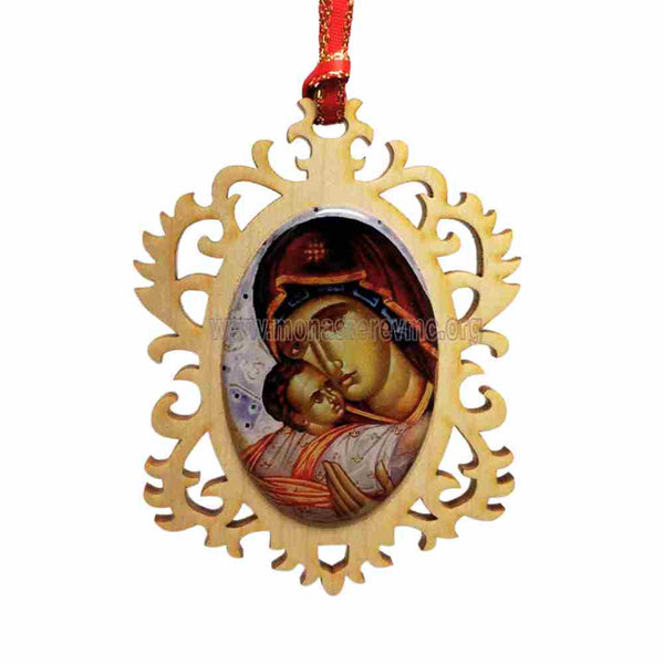 Mother of God the Consolatory Decorative Christmas Ornament sold by the sisters of monasterevmc.org / Ornement en bois décoratif avec icône byzantine de la Mère de Dieu la Consolatrice vendu par les soeurs du monasterevmc.org