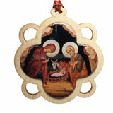 Nativity of Christ byzantine icon in a wooden cross shaped Christmas ornament sold by the sisters of monasterevmc.org / Ornement de Noël, en forme de croix décorative en bois avec icône byzantine de la Nativité du Christ, vendue par les soeurs du monasterevmc.org