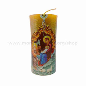 Nativity of Christ beeswax pillar candle handmade and sold by the sisters of monasterevmc.org / Nativité du Christ, cierge en cire d'abeille faite à la main et vendue par les soeurs du monasterevmc.org