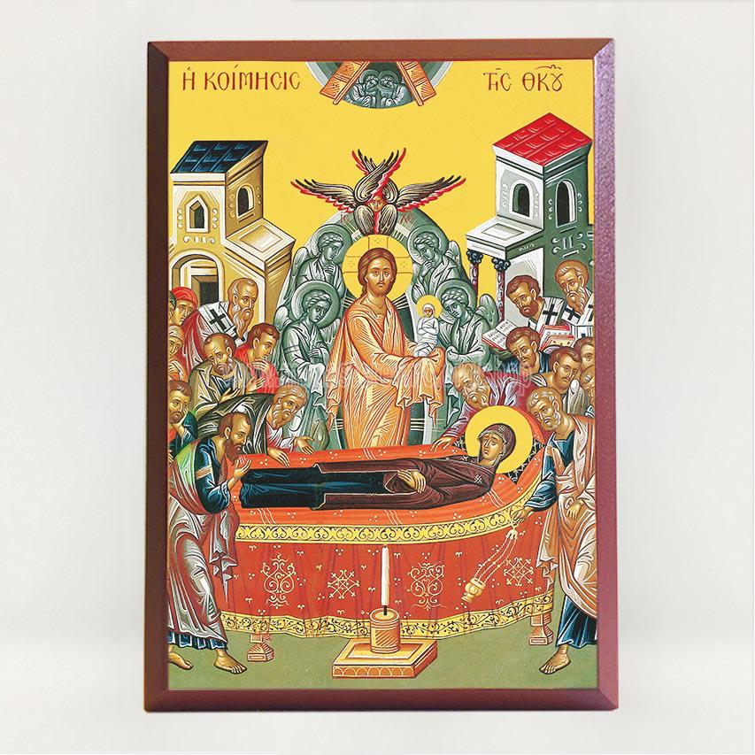 Dormition of the Theotokos, contemporary byzantine orthodox icon custom made by the sisters of monasterevmc.org| Dormition de la Mère de Dieu, icône byzantine orthodoxe fabriquée par les soeurs du monasterevmc.org