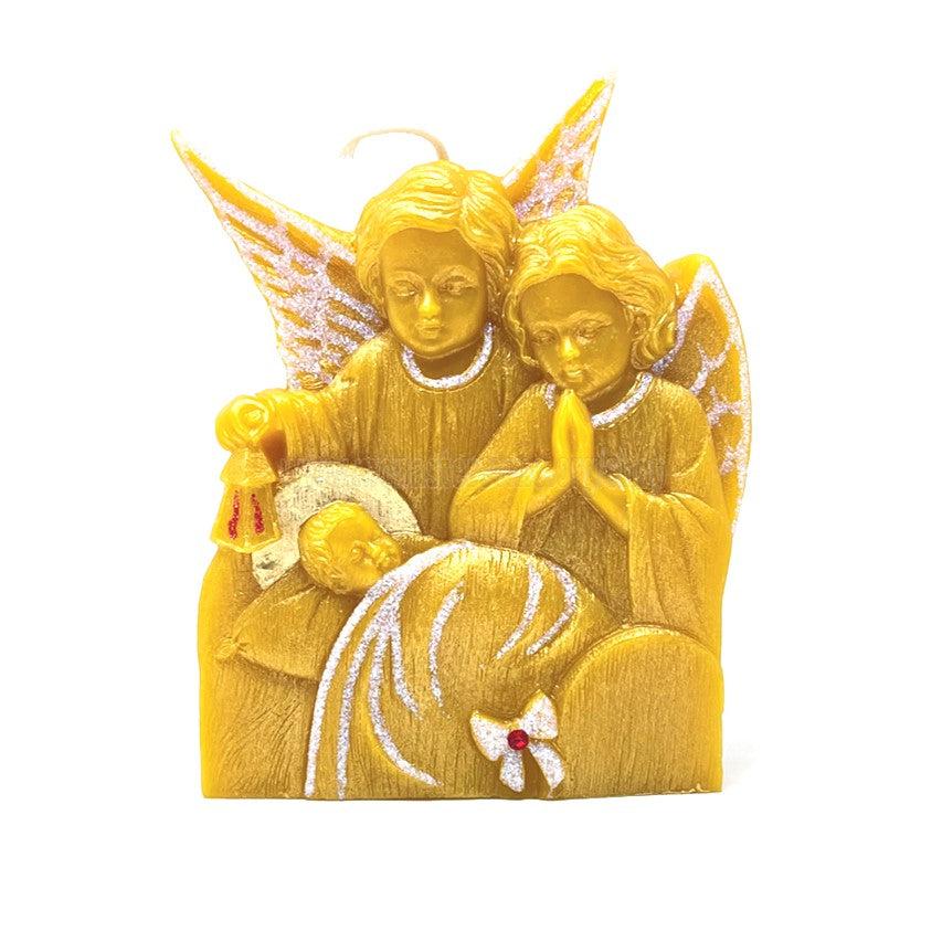 Angels with baby in crib beeswax candle made by the sisters of monasterevmc.org / Changelle en cire d'abeille 