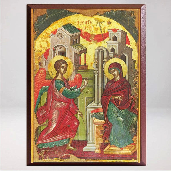 Annunciation of the Theotokos, copy of the icon from the monastery of Stavronikita in Mount Athos Greece made by the sisters of monasterevmc.org 