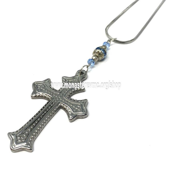 Orthodox Christian cross automobile pendant decorated, assembled and sold in Canada by the sisters of monasterevmc.org / Pendentif pour voiture avec croix chrétienne orthodoxe décorée et assemblée au Québec par les soeurs du monasterevmc.org