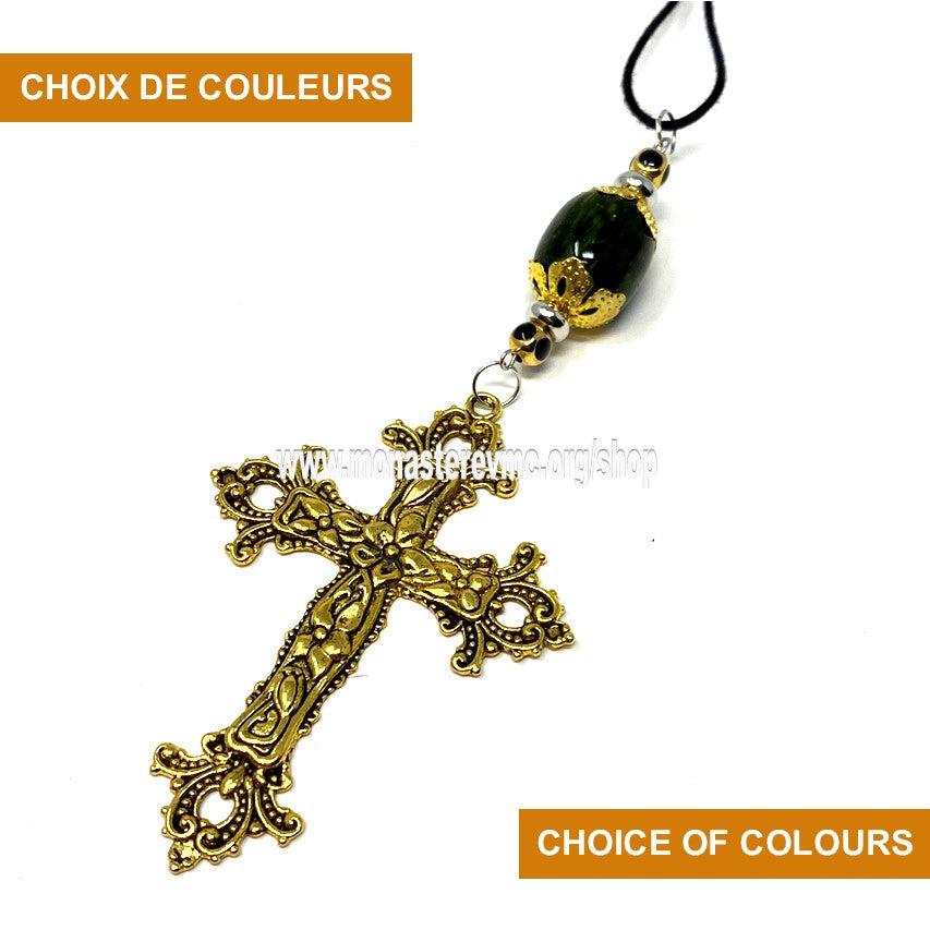 Orthodox Christian cross automobile pendant decorated, assembled and sold in Canada by the sisters of monasterevmc.org / Pendentif pour voiture avec croix chrétienne orthodoxe décorée et assemblée au Québec par les soeurs du monasterevmc.org