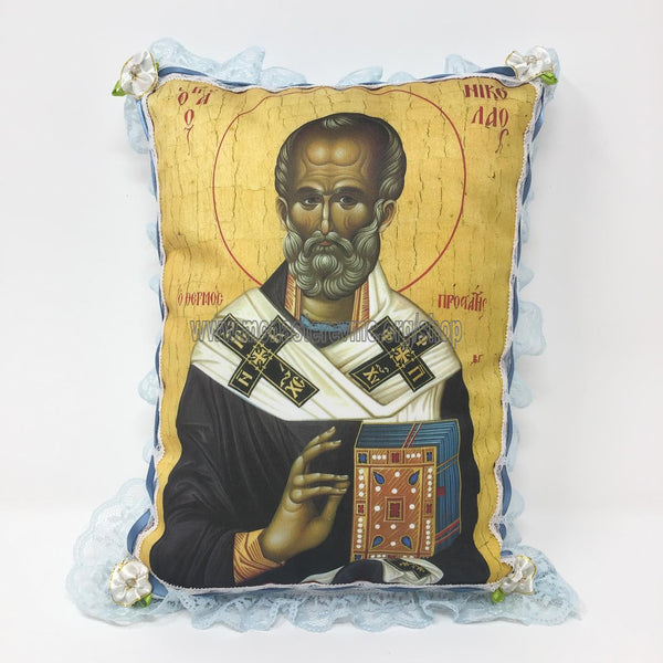 Byzantine Orthodox Icon of your choice of Saint printed on a satin pillow designed and handmade in Canada by the sisters of monasterevmc.org / Oreiller avec impression d'une icone byzantine orthodoxe de votre choix conçu et fait à la main au Québec par les soeurs du monasterevmc.org