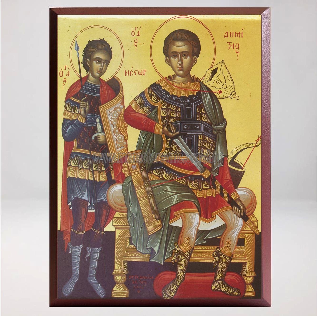 Saints Demetrios & Nestor, Byzantine Orthodox Icon made by the sisters of monasterevmc.org / Icône byzantine orthodoxe de Saint Démétrios et Nestor le martyr, faite à la main par les soeurs du monasterevmc.org