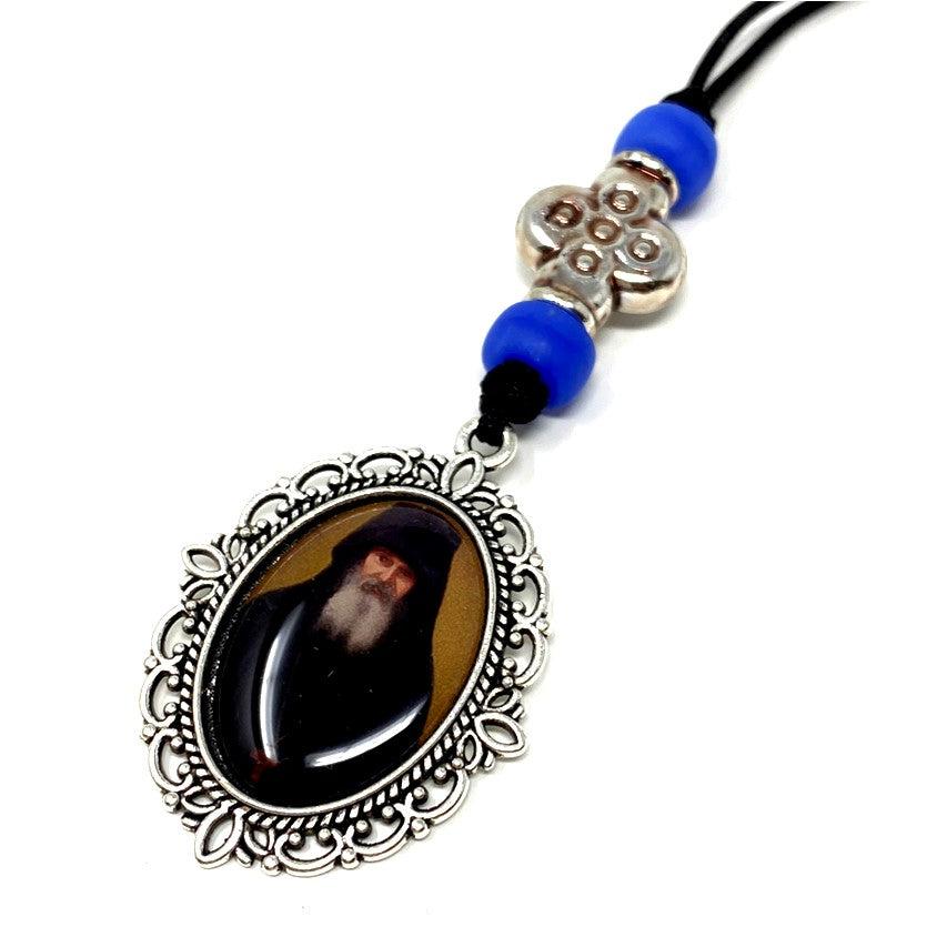 Orthodox car pendant with a picture of a painting of Elder Ephraim made by the sisters of monasterevmc.org / Pendentif orthodoxe avec une photo du Père Ephraim faite à la main par les soeurs du monasterevmc.org