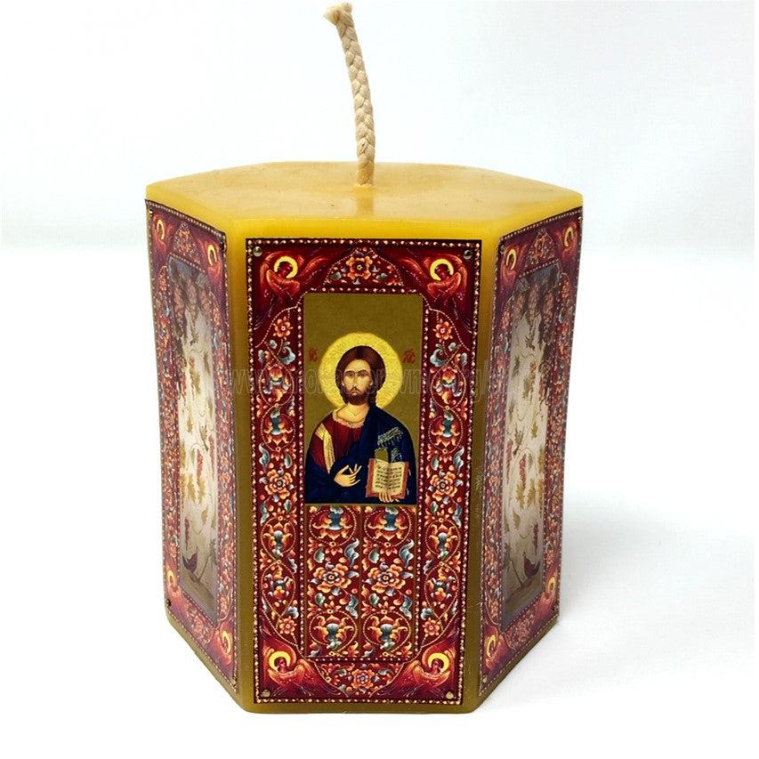 Pure beeswax hexagon pillar candle decorated with Byzantine Orthodox icons and images handmade and sold by the sisters of monasterevmc.org / Pillier hexagonal décoratif en cire d'abeille pure décoré avec des icônes et des images byzantines faits à la main par les soeurs du monasterevmc.org