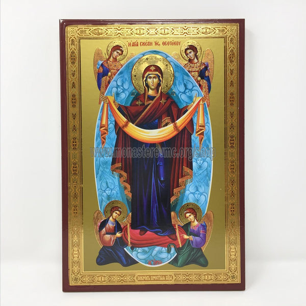 Holy Protection of the Mother of God, Russian orthodox custom made icon by the sisters of monasterevmc.org / Protection de la Mère de Dieu, icône de style russe orthodoxe fabriquée par les soeurs du monasterevmc.org