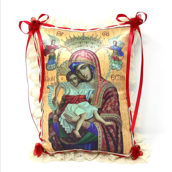 Byzantine Orthodox Icon of the Mother of God printed on a satin pillow designed and handmade in Canada by the sisters of monasterevmc.org / Oreiller avec impression d'une icone byzantine orthodoxe de la Mère de Dieu conçu et fait à la main au Québec par les soeurs du monasterevmc.org