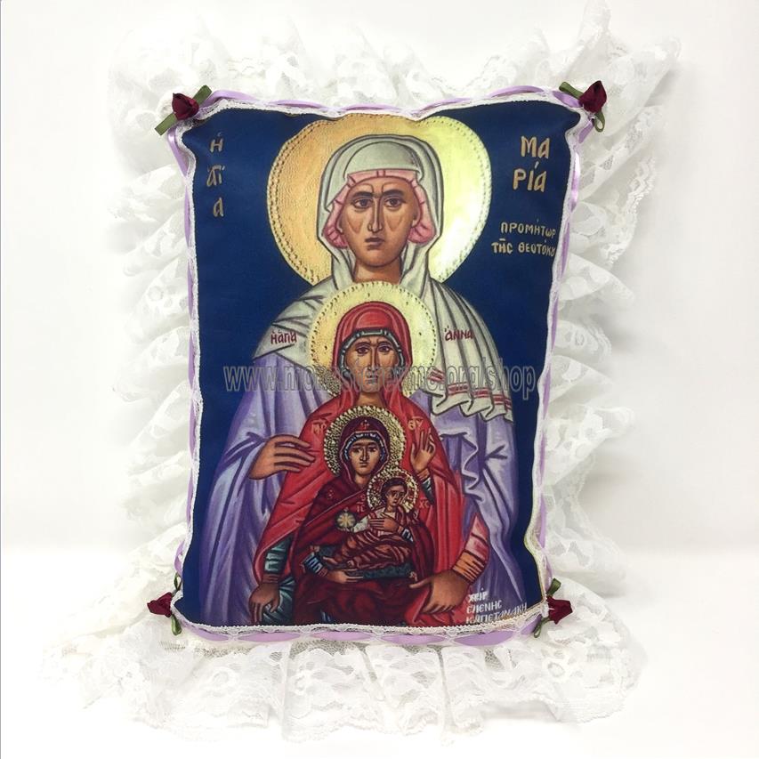 Byzantine Orthodox Icon of the Mother of God printed on a satin pillow designed and handmade in Canada by the sisters of monasterevmc.org / Oreiller avec impression d'une icone byzantine orthodoxe de la Mère de Dieu conçu et fait à la main au Québec par les soeurs du monasterevmc.org