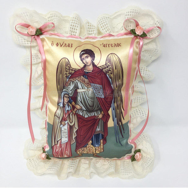 Byzantine Orthodox Icon of the guardian Angel printed on a satin pillow designed and handmade in Canada by the sisters of monasterevmc.org / Oreiller avec impression d'une icone byzantine orthodoxe de l'Ange gardien conçu et fait à la main au Québec par les soeurs du monasterevmc.org