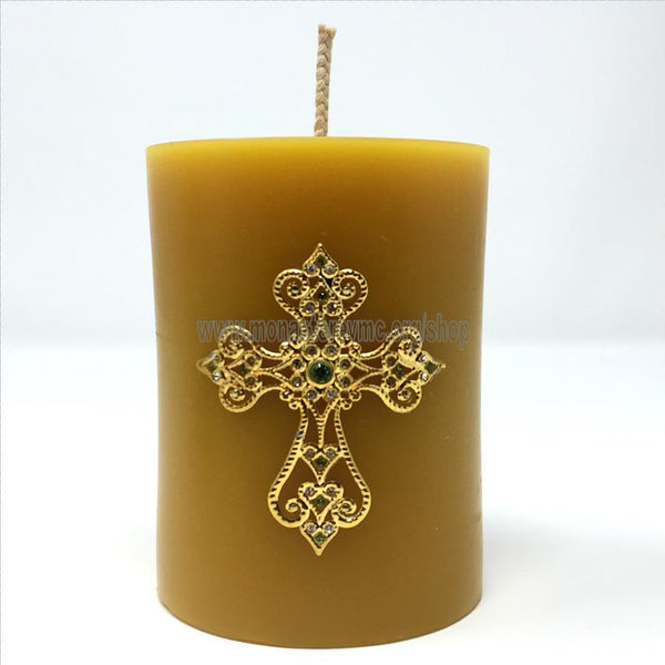 Beeswax Pillar Candle with filigree cross handmade and decorated in Canada by the sisters of monasterevmc.org/ Chandelle en cire d'abeille fabriquée à la main au Québec par les soeurs du monasterevmc.org