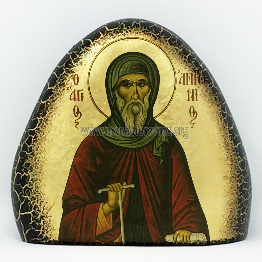 Saint Anthony on gold gilded stone handmade by the Greek Orthodox sisters of Monastery Virgin Mary the Consolatory. monasterevmc.org